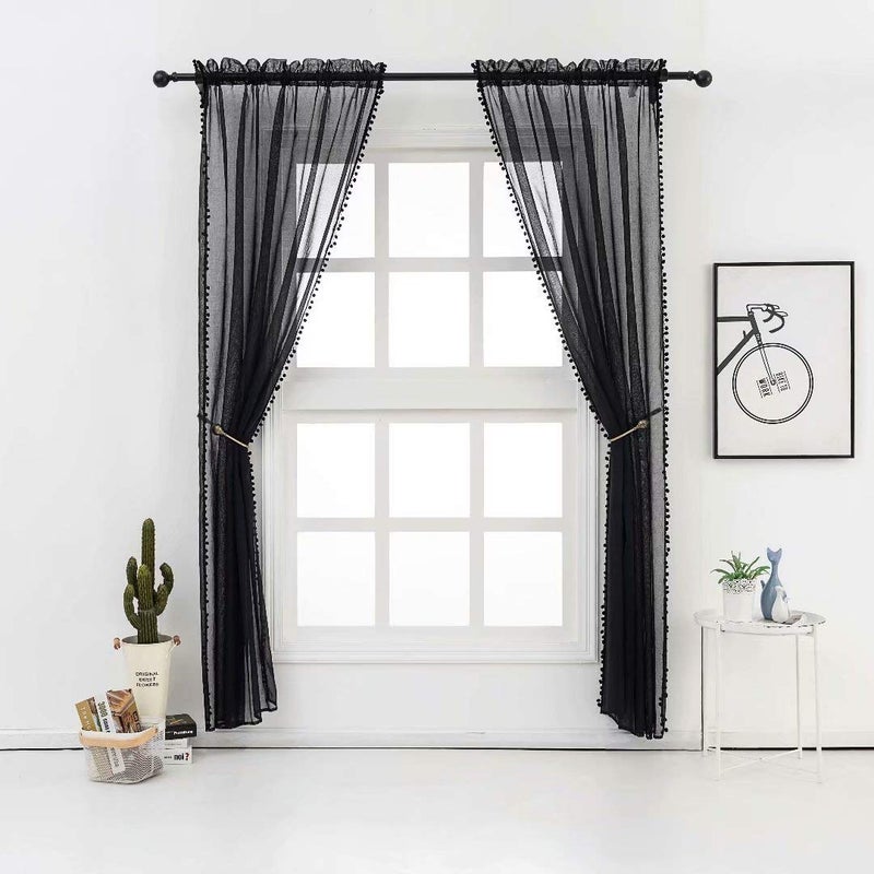 MISS SELECTEX Linen Look Pom Pom Tasseled Sheer Curtains - Rod Pocket Voile Semi-Sheer Curtains for Living and Bedroom, Set of 2 Curtain Panels (52 x 63 inch, Black) - Image 3